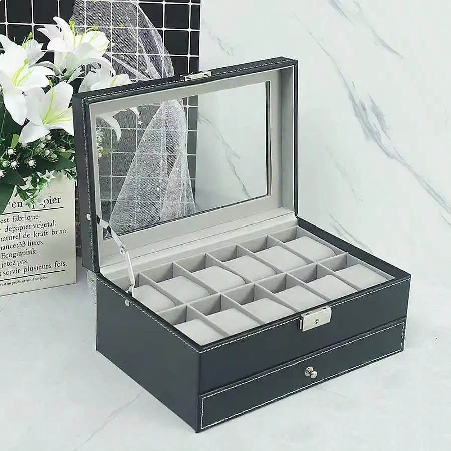 Horlogebox met 12 vakken en la - Watch Display Box recensie en prijs
